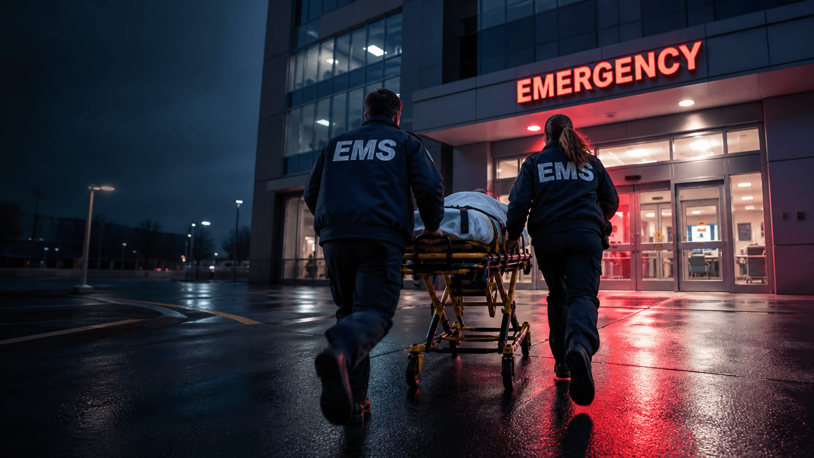 Two EMS professionals running a patient toward an urban hospital emergency entrance